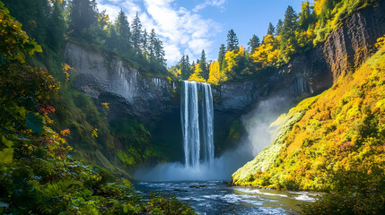 Majestic waterfall cascading down a lush green cliff into a river below, surrounded by vibrant foliage and a clear blue sky. Shaded Falls. Illustration