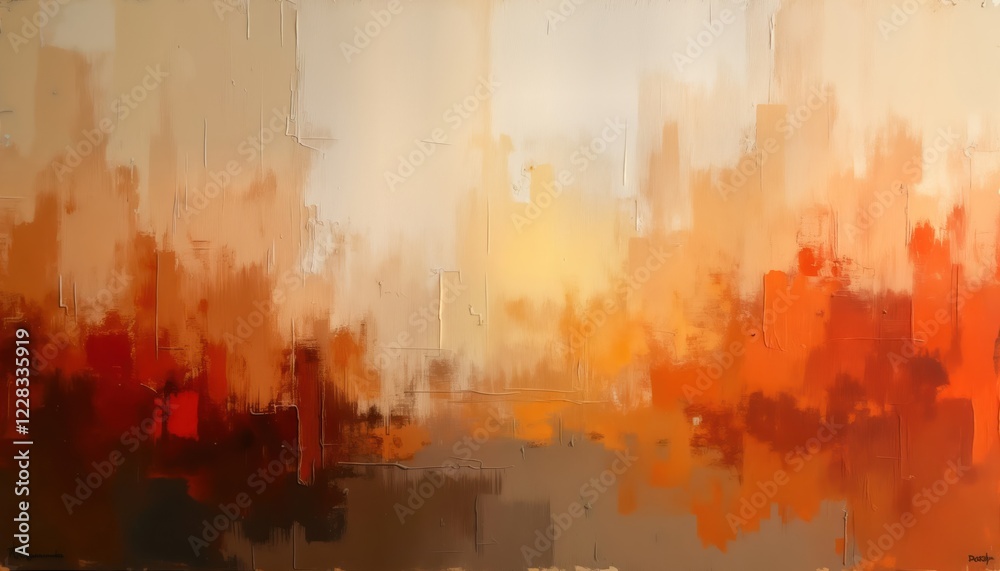 Poster abstract oil painting on canvas. warm colours blend together in textured strokes. artist uses vibran