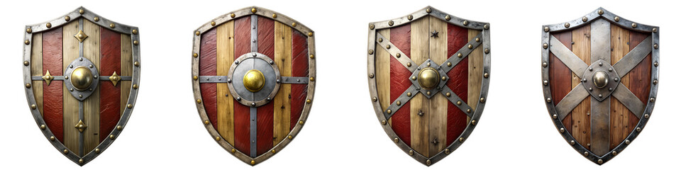 Fototapeta premium set of medieval wooden and steel shield, isolated soft focus on the transparent background