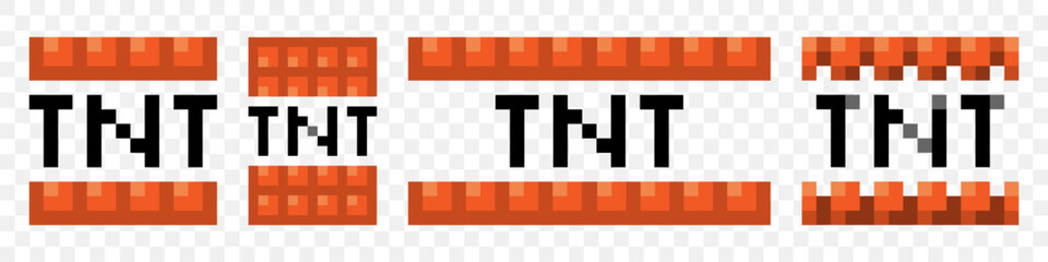 TNT pixel art style icons set. Bombs and explosive signs. Vector illustration isolated on transparent background.