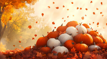 Pile of pumpkins in various shades of orange and white, surrounded by falling autumn leaves with a warm, glowing background. Shaded Falls. Illustration