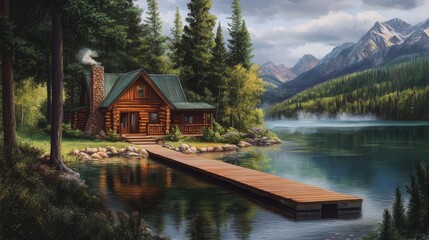 Fototapeta premium Secluded Log Cabin Lakeside Mountain View