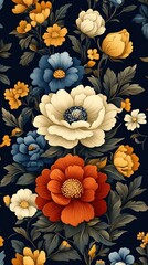 Floral pattern with white, blue, red and yellow flowers on dark background. Use wallpaper