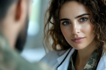 Fototapeta premium Young Mediterranean woman with curly dark hair and green eyes smiling warmly during conversation with male colleague in professional office setting.