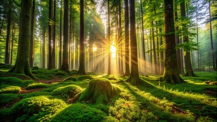 Obraz premium Serene Forest Morning: Sunlight Dappled Path, Lush Greenery, Tranquil Nature Photography
