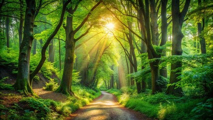 Obraz premium Serene Forest Path: Dappled Sunlight & Lush Greenery - Panoramic Stock Photo