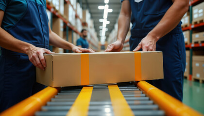 Workers expertly handle boxes on conveyor belt in warehouse. Sealing boxes with tape to ensure secure global shipment. Warehouse organized with high shelves, modern setup for efficient fulfillment.