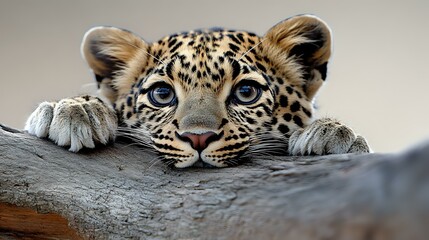 Obraz premium Close up portrait of young leopard cub with bright blue eyes resting head on tree branch, showing spotted fur pattern and paws against blurred background.