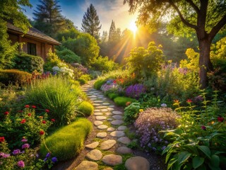 Obraz premium Serene Home Garden Stone Pathway, Lush Greenery, Sunlight, Peaceful Landscape