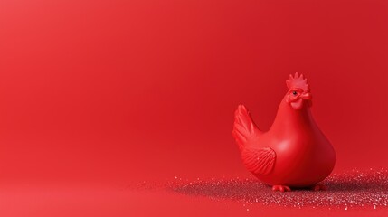 Vibrant red rubber chicken on minimalistic background for creative design