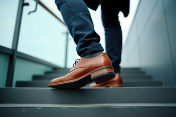 Fototapeta premium A Close-Up View of a Person Wearing Brown Leather Dress Shoes While Walking Up Concrete Stairs in an Urban Environment, Capturing Stylish Footwear and Movement