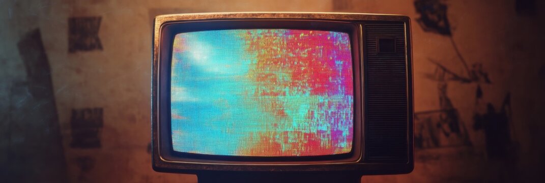 Retro television screen displaying colorful glitch patterns and static noise in a nostalgic setting. Generative AI