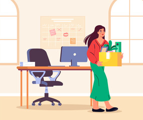 Woman leaving office with box. Vector illustration