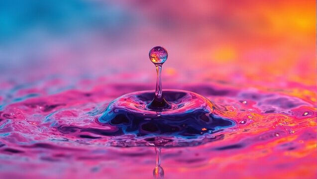 Vibrant ink droplet suspended in air intricate surface tension details captured