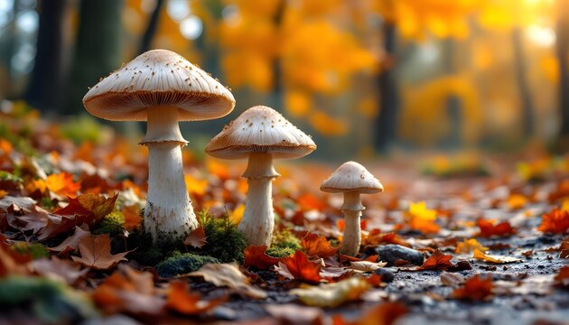 A hyper-realistic image of mushrooms growing along a forest path covered with autumn leaves. The mushrooms should be detailed with sharp textures, showing the veins and gills beneath their 
