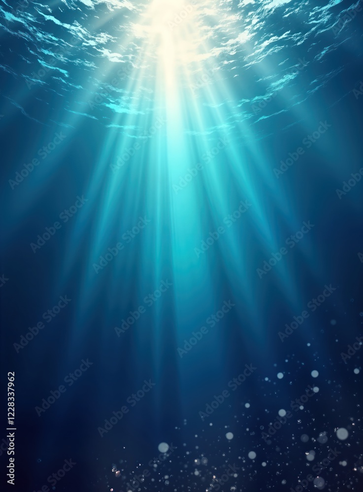 Poster sunlight beams brightly through deep blue ocean water. light rays shimmer, sparkle on ocean bottom. 