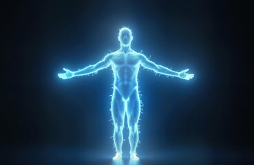 Silhouette of human form glowing with ethereal energy. Body displays intricate details, aura. Open arms suggest freedom, connection. Scene suggests spiritual futuristic journey. Powerful, inspiring