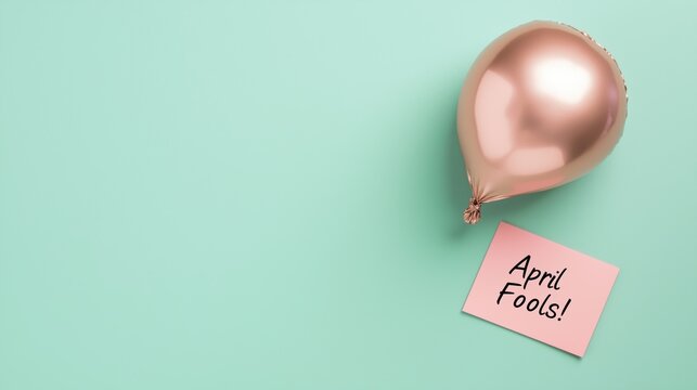 April fools' day concept with metallic balloon and note on pastel background