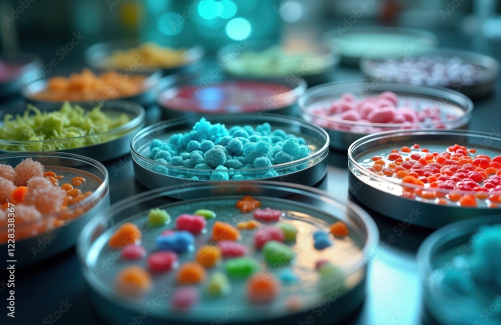 Poster Colorful petri dishes display various microorganisms under macro zoom in lab setting. Different vibrant colors of bacteria protozoa algae, fungi grow on agar media. Lab research development of new