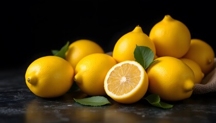 "Hyper-realistic still-life image of whole fresh lemons arranged on a dark, textured surface. The lemons should have a bright, natural yellow color, with a slight shine on their skin, showin