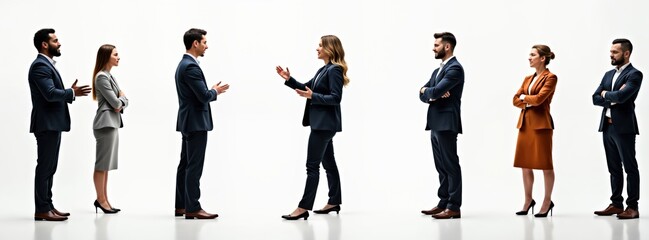 Business people stand in studio setting. Wear formal attire in casual colors. Diverse group of business professionals. Posing for business collection. Standing, talking, interacting. Successful
