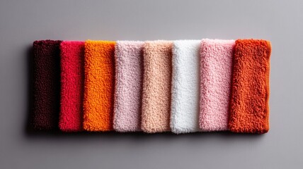 Colorful, neatly folded towels in row on gray background