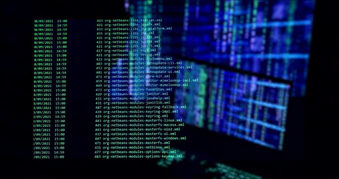 Hacking concept. Close-up of computer screen - modern electronic technologies. Search files process in big data array. Cyberattack. Ddos attack. Typing code on keyboard - codes and program software