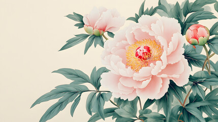 Stunning artwork highlighting a full bloom peony with rich green foliage