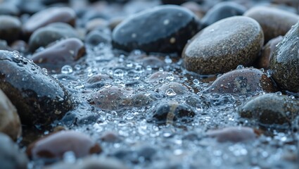 Crystal clear water droplets cascading over smooth pebbles