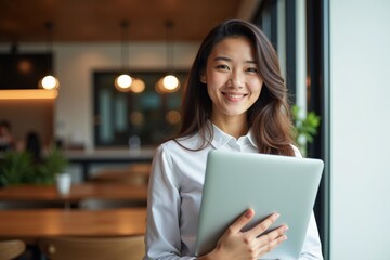 Obraz premium A Smiling Professional Asian Woman Holding a Laptop in a Bright, Modern Cafe Setting, Showcasing Confidence and Approachability