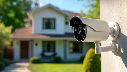 Modern security camera mounted on exterior house wall. Home surveillance system installed. Property protection equipment. Tech for home security. Smart tech. Safety measure. Crime prevention.