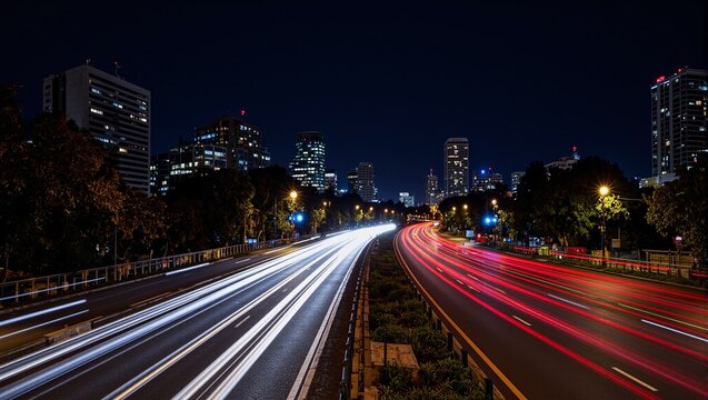 Vibrant light trails streaking through cityscape at night