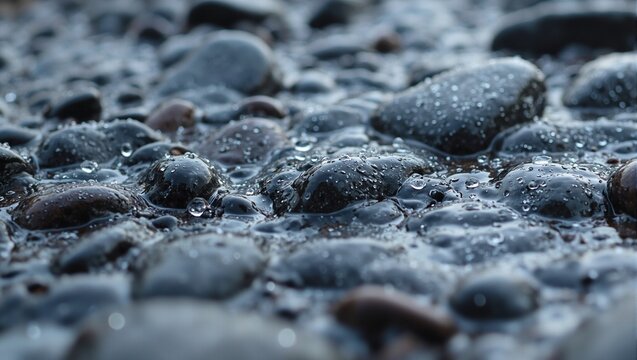 Crystal clear water droplets cascading over smooth pebbles