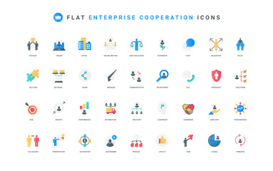 Teamwork and cooperation organization in corporate company, enterprise color icon set. Organizational structure and hierarchy, relationship of department, multichannel flat element vector illustration