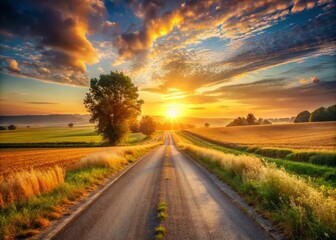 Serene Sunrise: Country Road Winding Through Golden Field