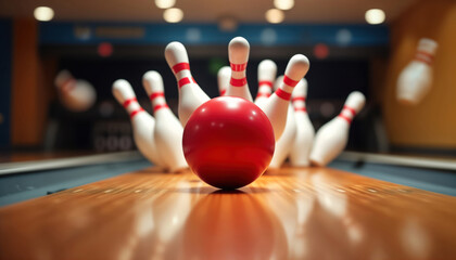 Bowling ball strikes pins on wooden lane. Action shot. Indoor bowling alley. Bright light. Active leisure sport. Fun entertainment. Victory, competition. Smooth polished ball, wood. Close up. Focus