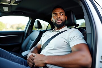 A Thoughtful Black Man in a Seatbelt Inside a Modern Car on a Sunny Day, Reflecting on Life's Moments During His Journey