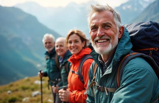Four happy senior tourists enjoy hiking trip in mountains. Wear jackets, backpacks. Group of friends, smiling, looking at camera. Active lifestyle. Elderly people travel together for leisure,