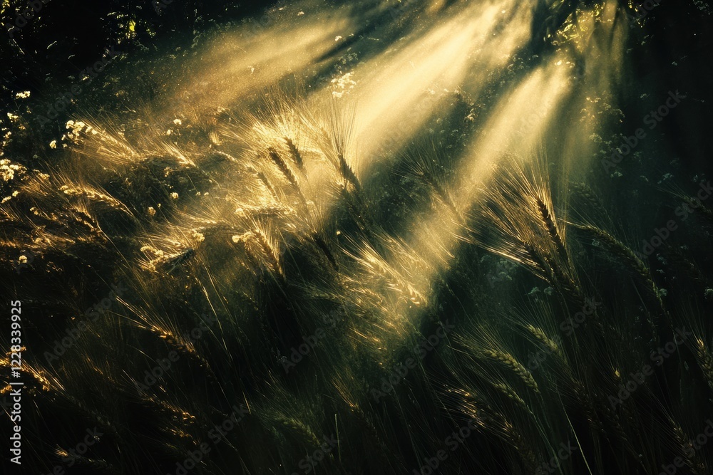 Aufkleber golden rays illuminating ears of wheat in a tranquil agricultural field at sunrise. generative ai