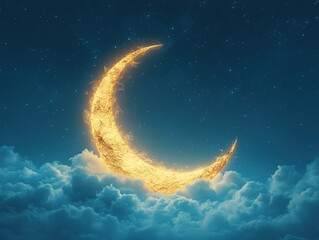 Fototapeta premium Glowing crescent moon above clouds, stars in background, use for fantasy or celestial art