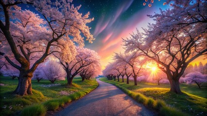 Fototapeta premium Serene Twilight: Magical Forest Path, Glowing Auroras, Cherry Blossoms