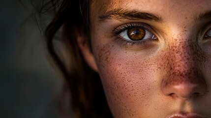 Close-up portrait of a young woman with freckles and brown eyes.