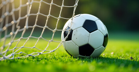 Closeup of a soccer ball resting against a net on a lush green field, bathed in sunlight. Implies a recent goal or game action.