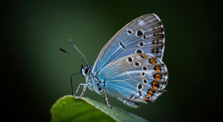 Fototapeta premium Close-up of a vibrant blue butterfly perched on a green leaf