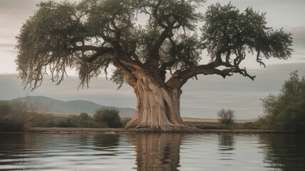 Majestic ancient olive tree reflected in tranquil waters, showcasing intricate bark textures and lush green leaves under a soft evening sky.