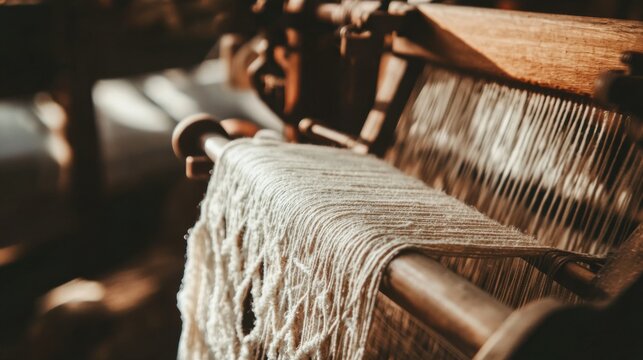 Scene of a weaving setup. Featuring loom, threads, and a woven fabric. Highlighting the art of weaving. Ideal for DIY and craft blogs.