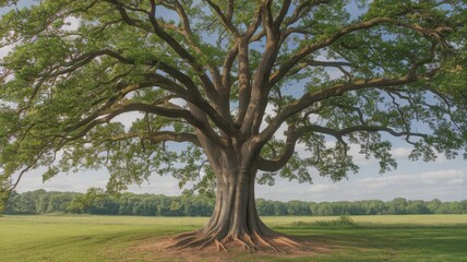 Obraz premium Majestic large tree with expansive branches and lush green leaves, symbolizing strength and nature's beauty.