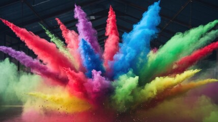 A vibrant explosion of colored smoke fills the air, creating a stunning visual display in a dynamic setting.