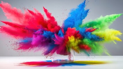 Fototapeta premium An explosive burst of vibrant colors in shades of pink, blue, green, and yellow emanates from a glass container, creating a stunning visual spectacle.