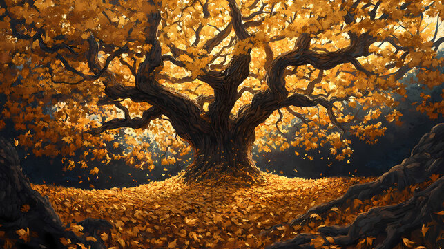 A majestic oak tree stands tall amidst a carpet of fallen dry leaves in shades of amber and gold during autumn , fall. Shaded Falls. Illustration
